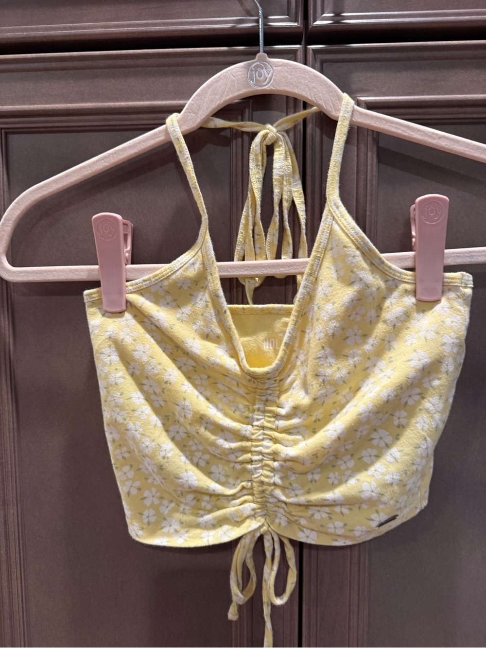 Hollister Small Yellow Floral Ruched Tie-Back Halter Crop Top